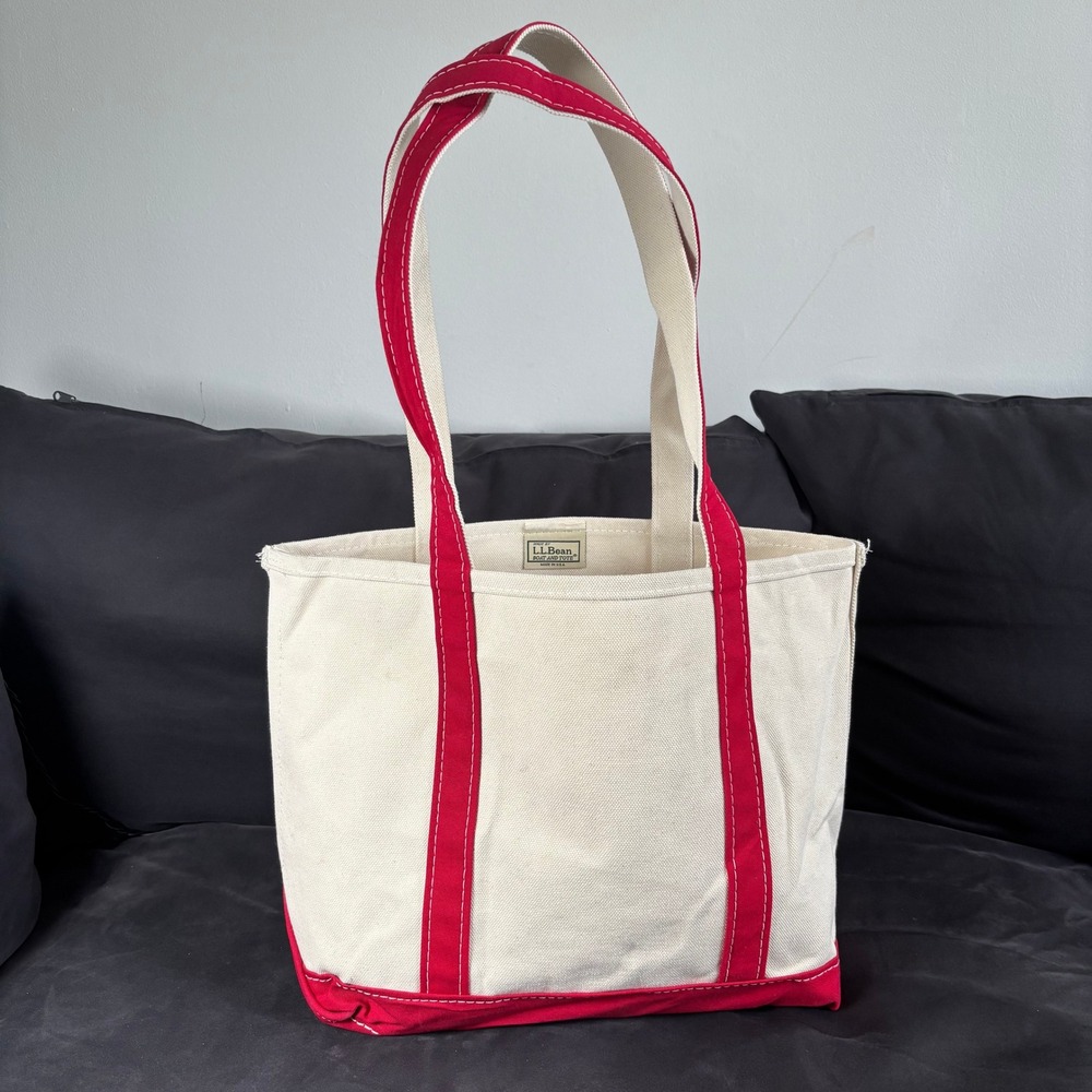 LL Bean Boat and Tote Canvas Bag Red Cream Medium Long Handle Made in USA